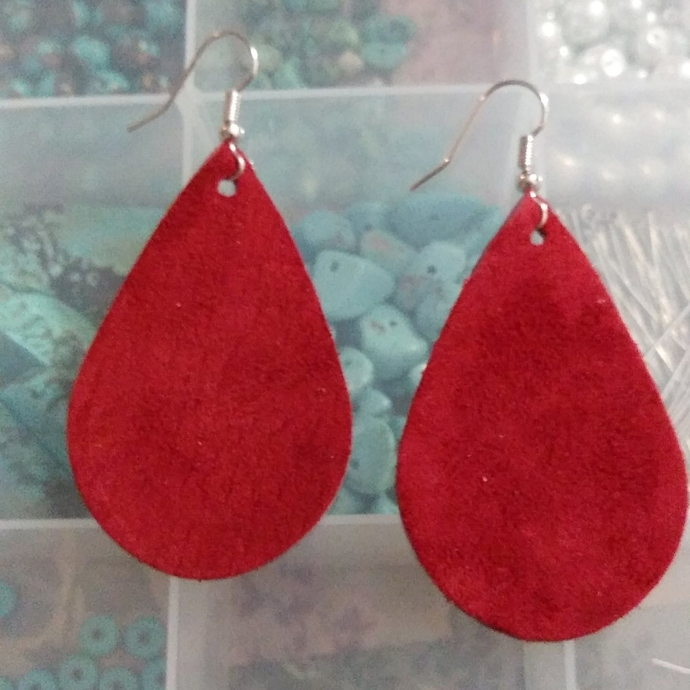 Red soft leather teardrop earrings